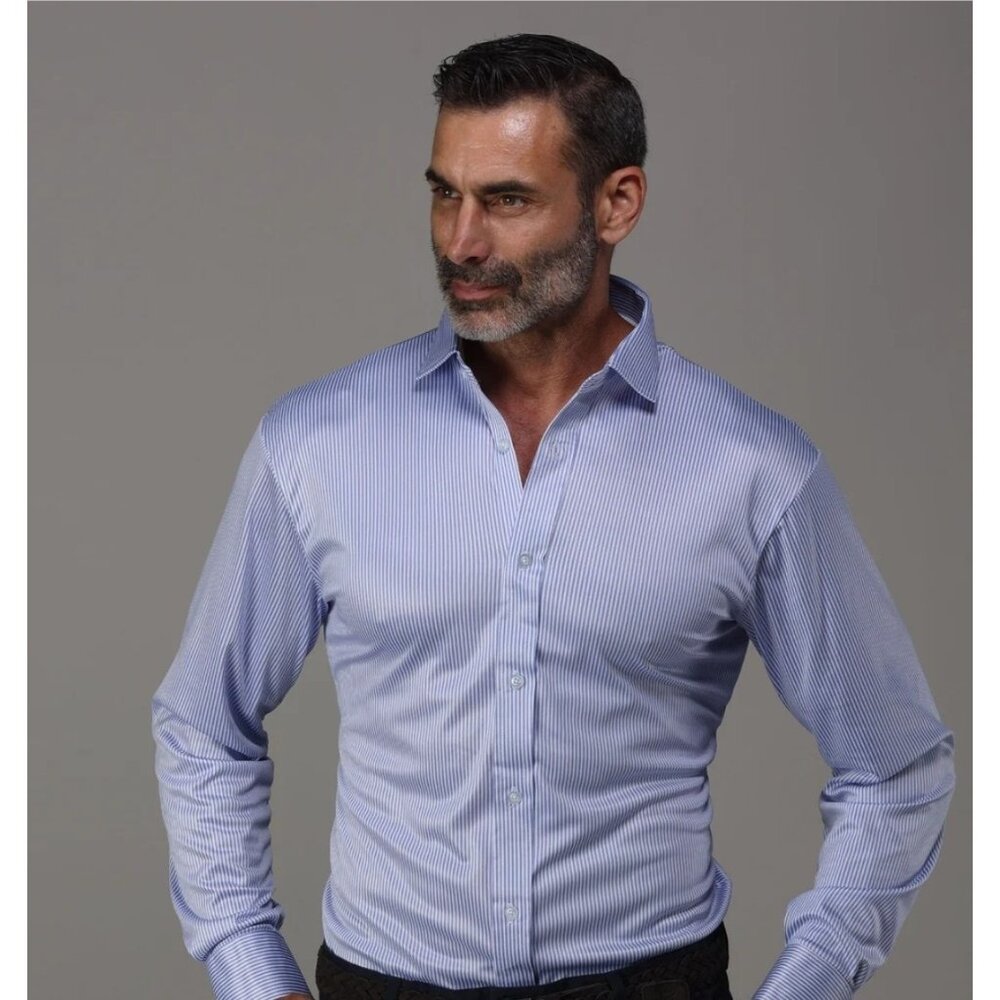 NWT Collars and Co Small Semi-Spread Quattro Flex Dress Shirt Regent Blue Stripe